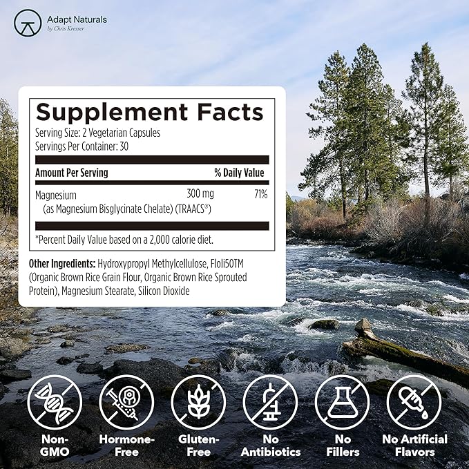Adapt Naturals Magnesium Glycinate Supplement, Bioavailable High Absorption Pure Magnesium Chelate Complex, Supports Gut Health, Sleep, Relaxation, Bone and Muscles - 30 Days Supply
