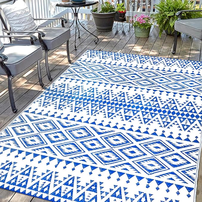 Waterproof Outdoor Rug 5x8ft, Bohemia Reversible Plastic Straw Mat for Patio RV Deck Porch Backyard Balcony Camping Picnic Beach Indoor Outdoor Carpet, Blue&White