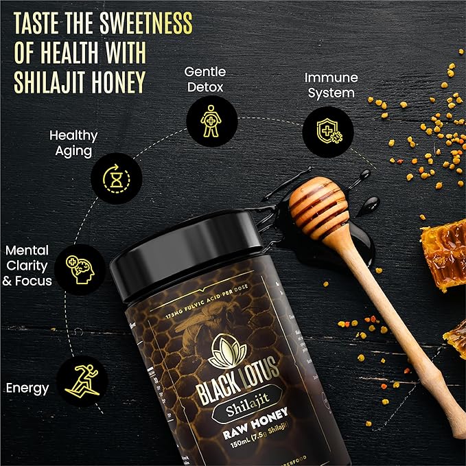 Black Lotus Pure Shilajit Resin Raw Honey Liquid Tincture, 150ml, 100% Pure Natural Shilajit for Men & Women, Amino Acids, 175mg Fulvic Acid, 85 Ionic Trace Minerals, For Immune Support, Focus, Energy