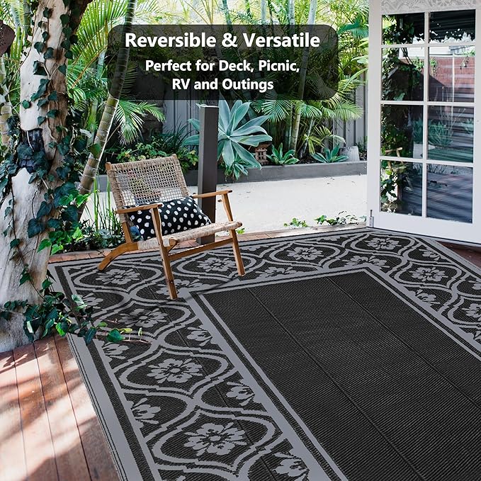 Outdoor Plastic Straw Rug, Waterproof Outdoor Rugs for Patios Clearance, Reversible Area Rug, Large Outside Carpet for Camping, Balcony, RV, Deck, Picnic, Beach (6x9ft Lantern/Black&Grey)
