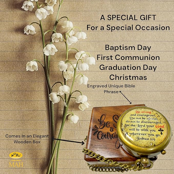 Bible Verse Brass Compass – “Be Strong and Courageous” (Joshua 1:9) | Christian Gift for Graduation, Baptism, Confirmation – Religious Keepsake for Boys, Girls, Teens, Men, Pastors & Church Events