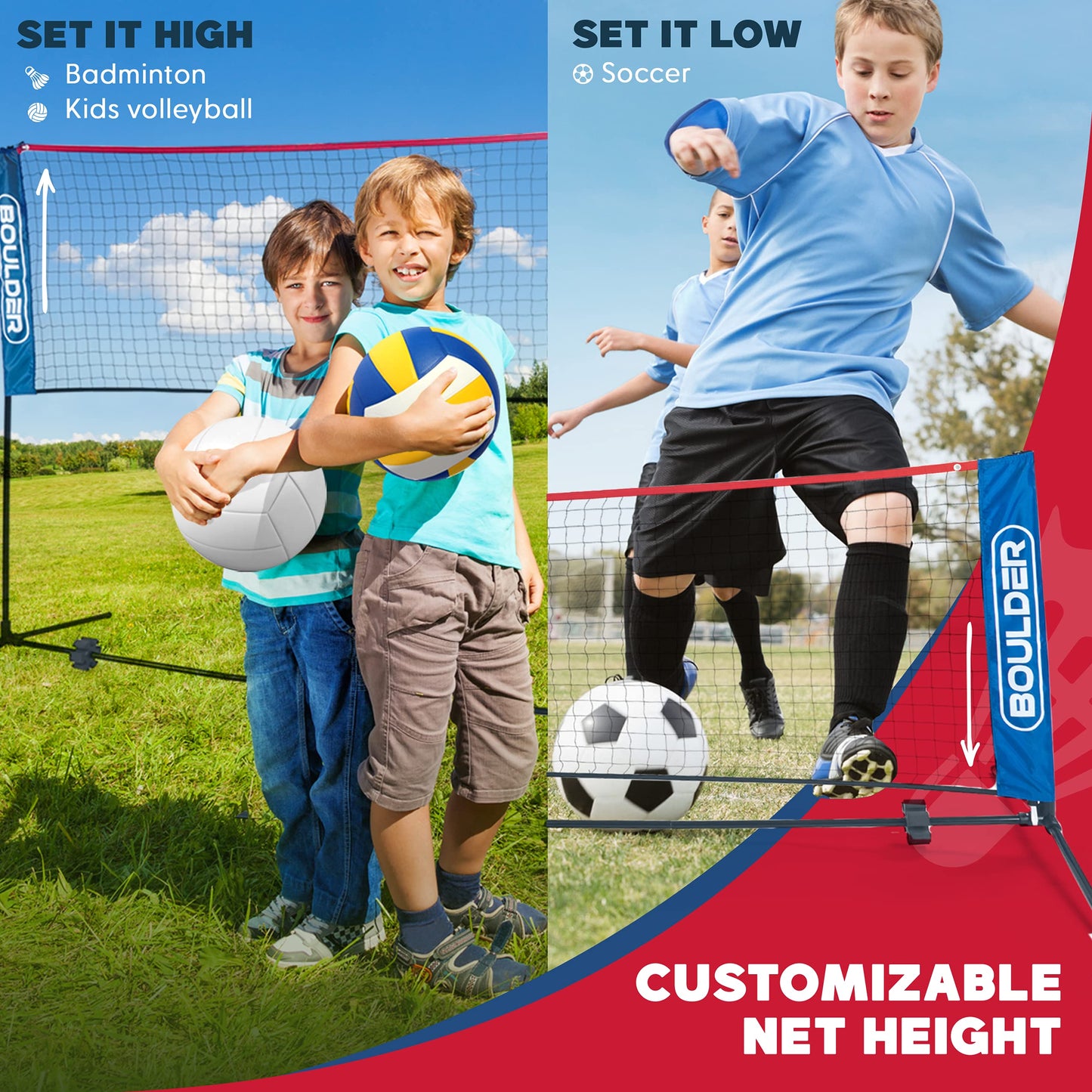 BOULDER Portable Badminton Net Set - for Tennis, Soccer Tennis, Pickleball, Kids Volleyball - Easy Setup Nylon Sports Net with Poles (Blue/Red, 17 FT)