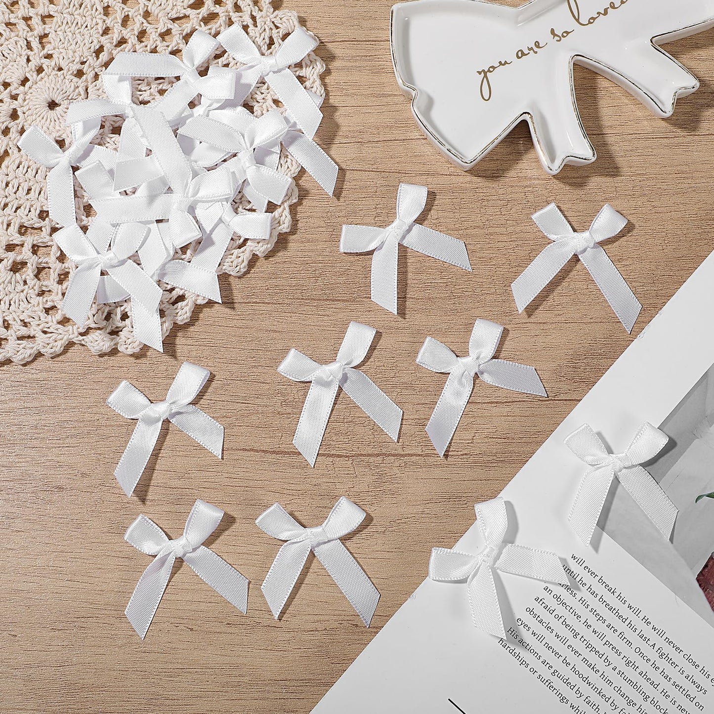 100 PCS White Bow, Mini White Bows Premade Bows, Small Satin Ribbon Bow, Cute Soft Bowknot Sewing Accessories for Flowers Bakery Wrapping Christmas Wedding Birthday Party Decoration