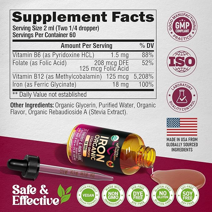 Liquid Iron Supplement for Women 18 mg - USDA Organic Iron Drops - with Folate, Vitamin B12 & B6 - Iron Level & Energy - Gentle & High Absorption Glycinate Form - Cherry Flavor, Sugar-Free - 4 fl oz