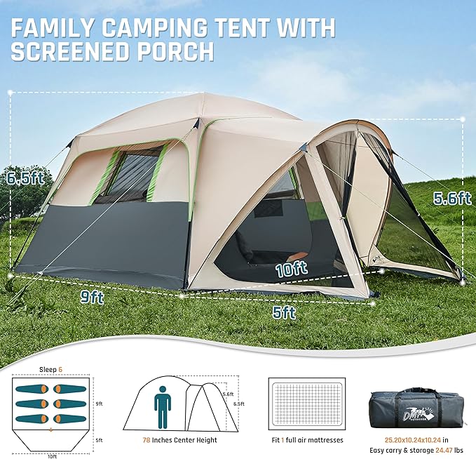 Tents for Camping 6 Person Camping Tent with Screen Porch, Weatherproof Large Cabin Tent with Rainfly and Carry Bag, Family Tent for Outdoor Camping and Backyard