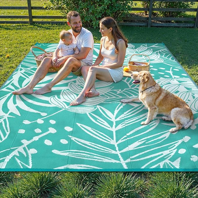 Anidaroel Leaf Outdoor Rugs 8x10ft for Patios Clearance Waterproof, Reversible Tropical Plastic Straw Camping Mat Outside Area Rug for RV, Backyard, Deck, Balcony, Picnic, Beach(Blue,8'x10')