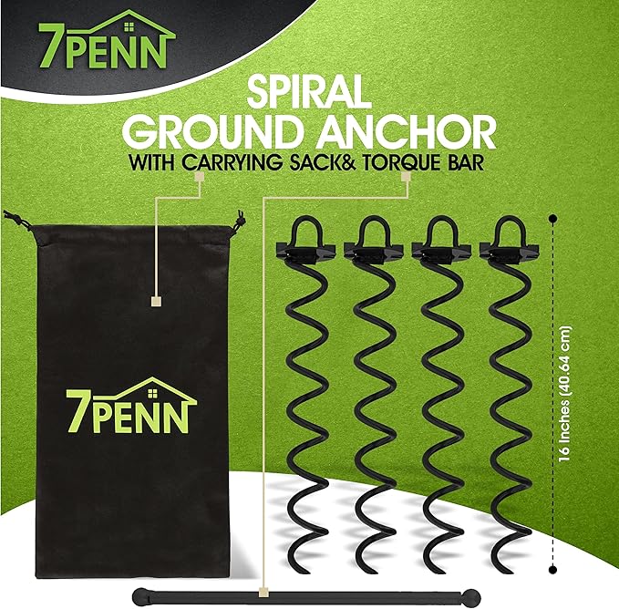 7Penn Ground Anchors Screw in 4 Pack - 16 Inch Black Spiral Dog Leash Ground Anchor Tie Down - Heavy Duty RV Canopy Stakes for High Wind Camping Tents with 475 lbs Pull Force