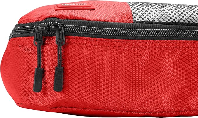 Amazon Basics Small Packing Cubes for Travel, Packing Organizers, 4-Piece-Set With Double Zipper Pulls and Mesh Top Panel, 100% Durable Polyester, Red, 11"L x 6.8"W x 3"H