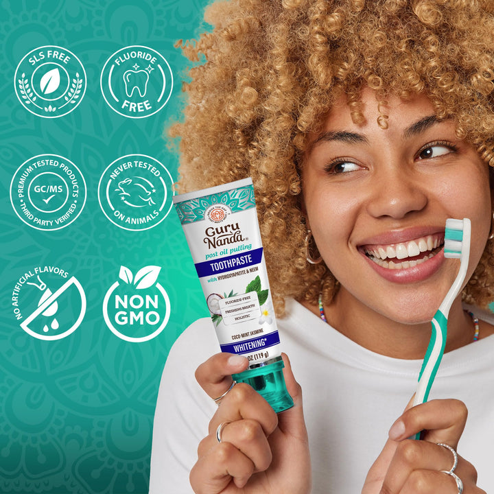 GuruNanda Hydroxyapatite Toothpaste, SLS & Fluoride Free, Whitening Toothpaste - Freshens Breath, Fights Plaque - Natural CocoMint Jasmine Neem, 4.2oz