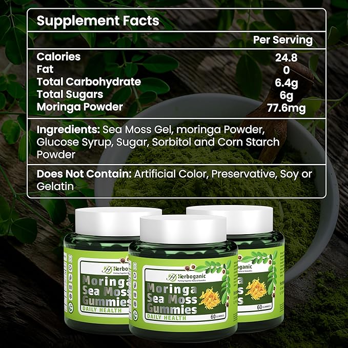 Moringa Sea Moss Gummies - Amazing Superfood Green Supplement with Fiber, Immune Support, and Moringa Leaf Powder Extract - Supplement 60 Count.