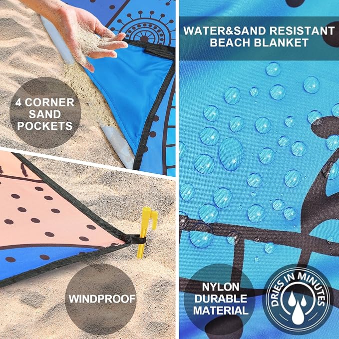 Beach Blanket Waterproof Sandproof Extra Large Beach Mat 79" X 83"/120"x108"for 1-8 Adults Quick Drying Durable Outdoor Picnic Mat for Beach Travel Camping Hiking