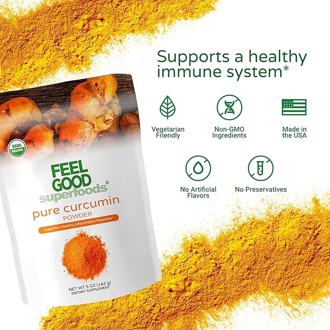 Feelgood Organic Superfoods Pure Curcumin Powder, Organic, Non-GMO, Vegan from Bulk Ground Turmeric Root from India, Curcuma Longa Joint Supplement, 5 oz