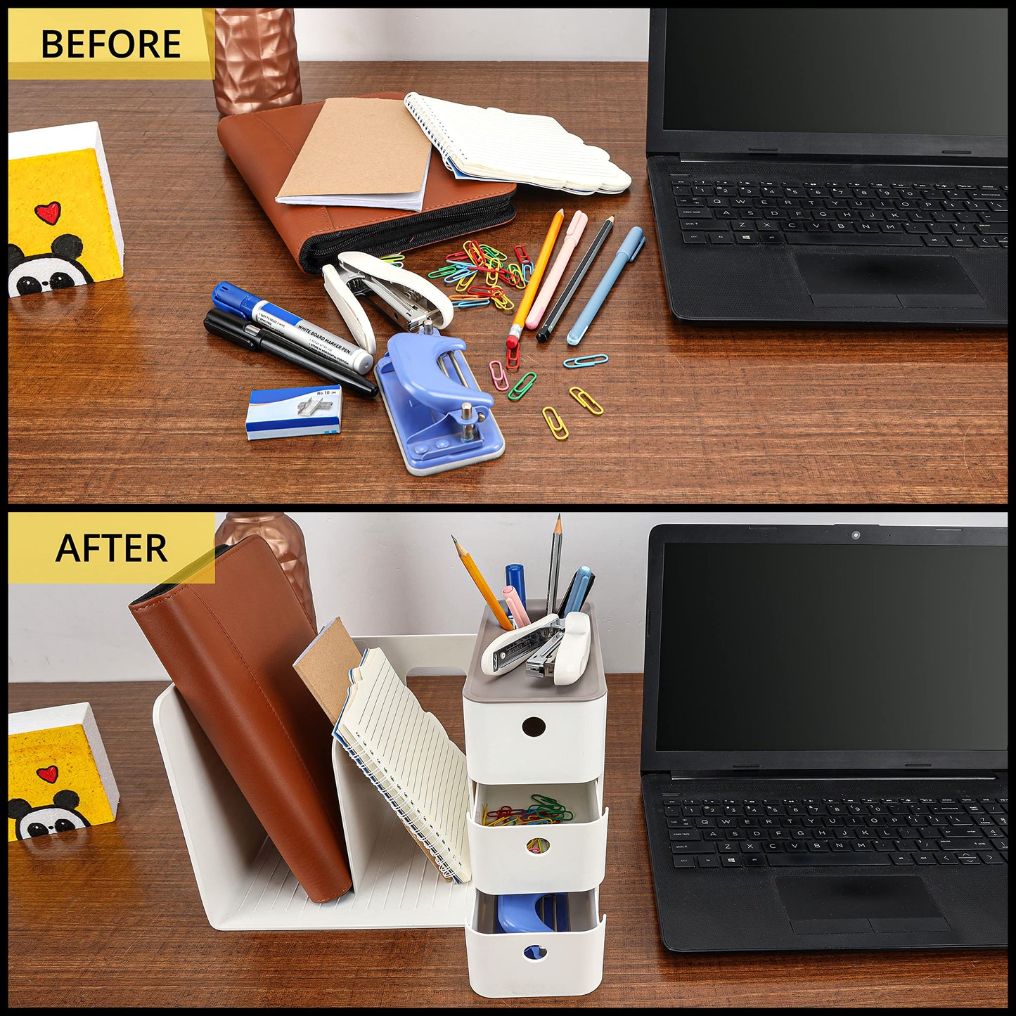 BELLE VOUS White Desktop Storage Organiser with 3 Drawers - PP Plastic Multipurpose Storage Box - Desk Top Shelf Rack for Office Supplies, Files, Books, Pens/Pencils, Stationery & Home Essentials