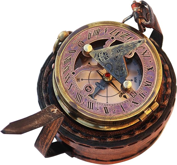 MAI Brass Sundial Compass Beautiful Gift Item with Leather Case - Sun Clock - Steampunk Accessory – Nautical Gift – Wedding Gifts for Him – Sundial Watch