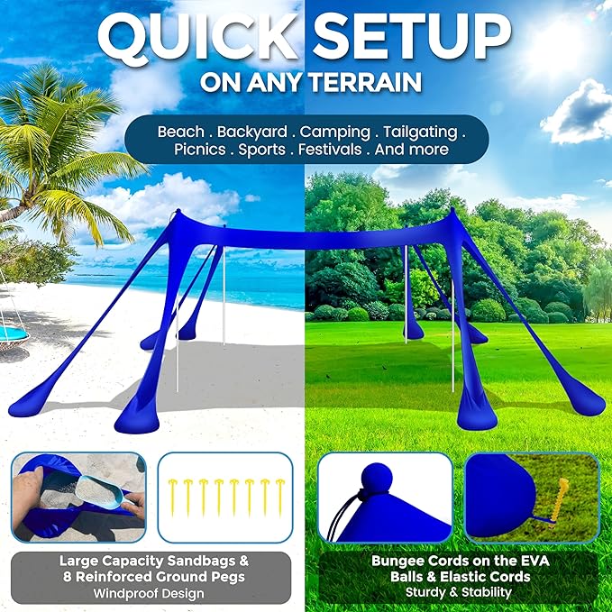 Beach Canopy Beach Tent Pop Up Shade 10x10ft Sun Shelter UPF50+ with 8 Sandbags-2 Sand Shovel-4 Aluminum Poles-Ground Pegs-Portable Carrying Bag for Outdoor Family Camping Fishing Yard Picnic