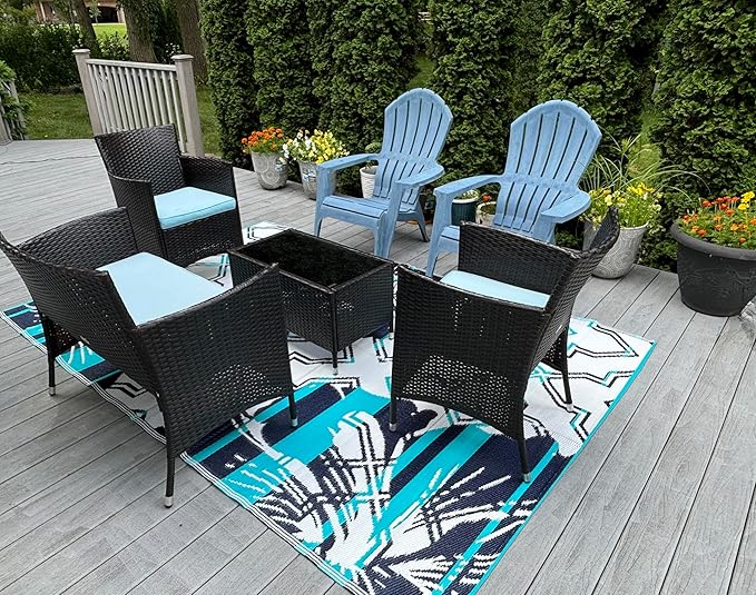 BalajeesUSA Outdoor Decor Patio Rugs – 6x9, Aqua Blue Waterproof Affordable Multipurpose Woven Plastic Straw All-Weather Waterproof Rug Reversible Camper mat Awning 7100