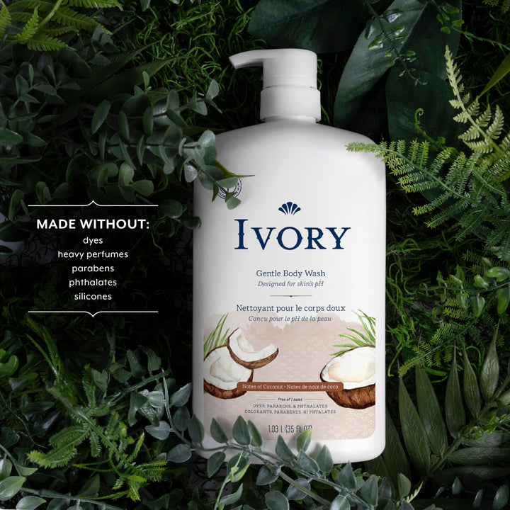 Ivory Gentle Body Wash, Designed for the Whole Family, Free of Dyes Heavy Perfumes Parabens Phthalates & Silicones, Coconut Scent, 35 oz