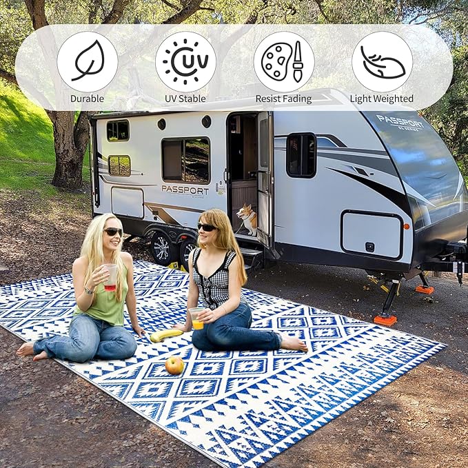 Waterproof Outdoor Rug 5x8ft, Bohemia Reversible Plastic Straw Mat for Patio RV Deck Porch Backyard Balcony Camping Picnic Beach Indoor Outdoor Carpet, Blue&White