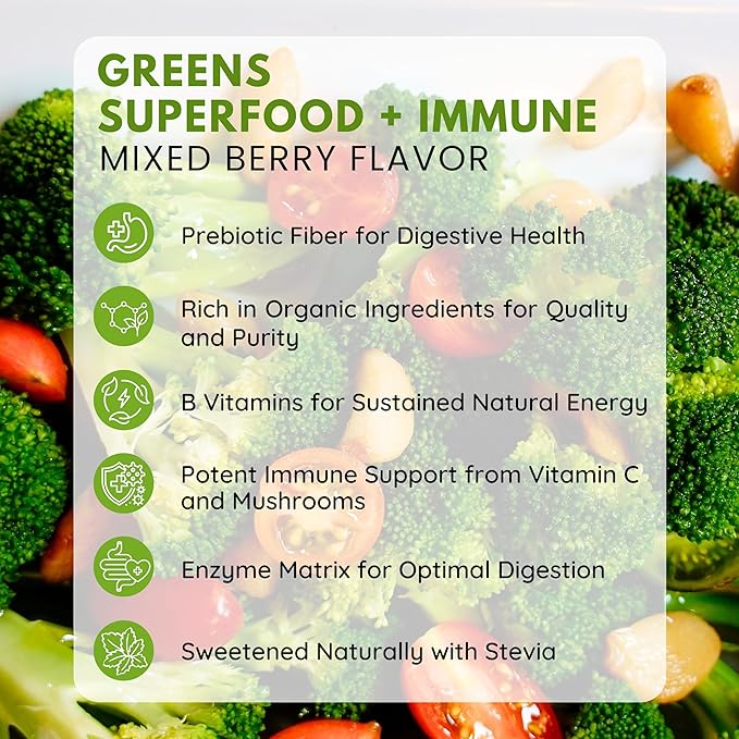 Greens Immune Support, Berry Superfood Blend Organic Vegan Greens + Reds Amazing Taste Mixed Berry Natural Flavor 270g (9.5 Oz) Detox, Gluten Free, Dietary Supplement