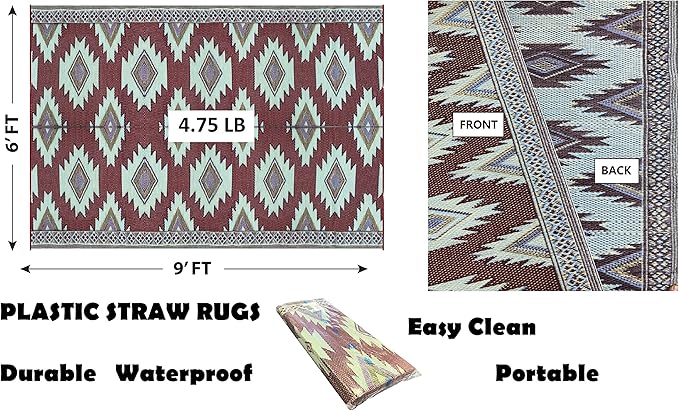 BalajeesUSA Outdoor Rug - 6x9 Red, Black, Sky Blue, Reversible Recycled Plastic Straw Outdoor Patio Rugs Clearance Waterproof Large RV Camper Mats Outside 460