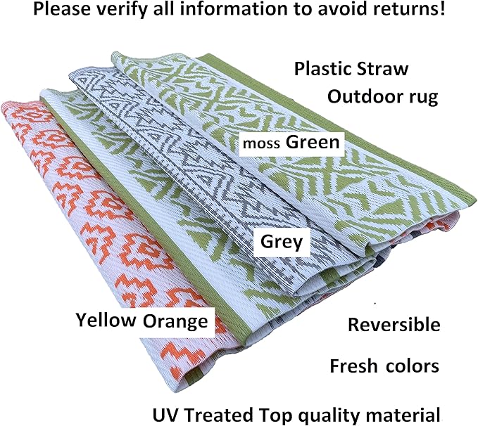 BalajeesUSA Outdoor Plastic Patio Rugs – 5x7 ft Green,Orange,Multipurpose,Woven Plastic Straw, All-Weather and Waterproof, Reversible Camper mat Sports Camp Backyard Picnic 711