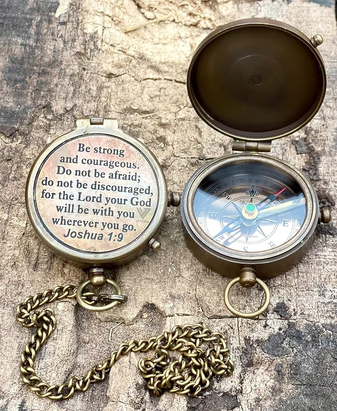 Be Strong & Courageous Brass Compass | Engraved Religious Joshua 1:9 Quote Birthday Gift, Baptism Confirmation Gifts idea for Boy Girl Men Women (Be Strong & Courageous)