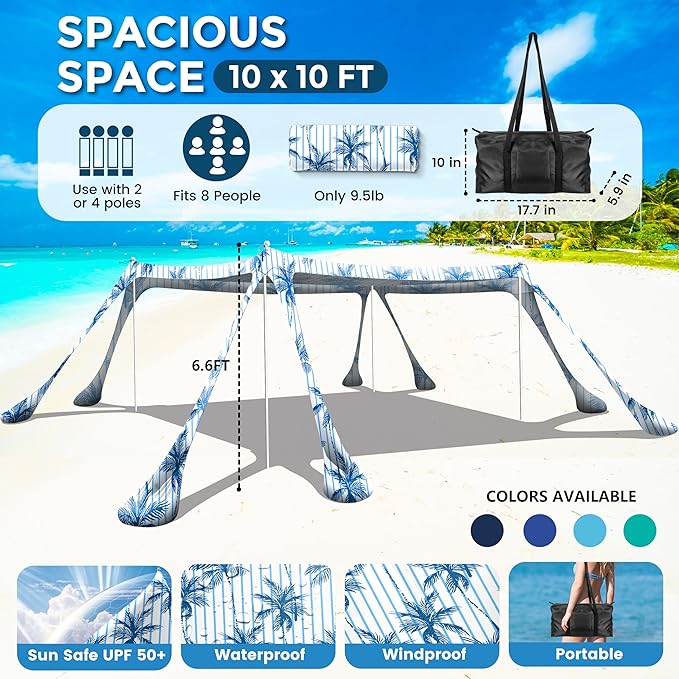Beach Canopy Beach Tent Pop Up Shade 10x10ft Sun Shelter UPF50+ with 8 Sandbags-2 Sand Shovel-4 Aluminum Poles-Ground Pegs-Portable Carrying Bag for Outdoor Family Camping Fishing Yard Picnic