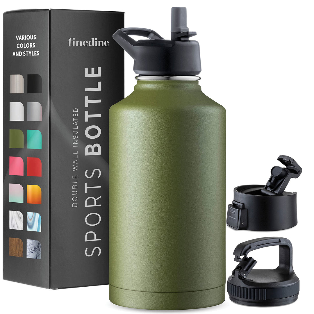 FineDine Triple Walled, Insulated Water Bottles with Straw - 64 Oz Stainless Steel Metal Bottle W/ 3 Leak Proof Lids - For Travel, School, Sports, Gym / Men, Women & Kids - Army Green