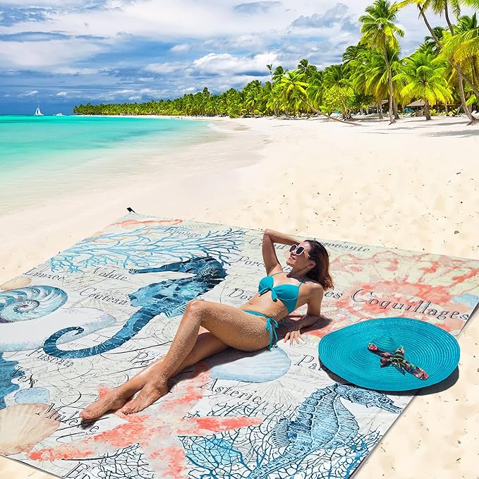 Beach Blanket Waterproof Sandproof Beach Mat 79" X 83" /10'x9'for 2-8 Adults Quick Drying Outdoor Picnic Mat Beach Accessories for Travel, Camping, Hiking