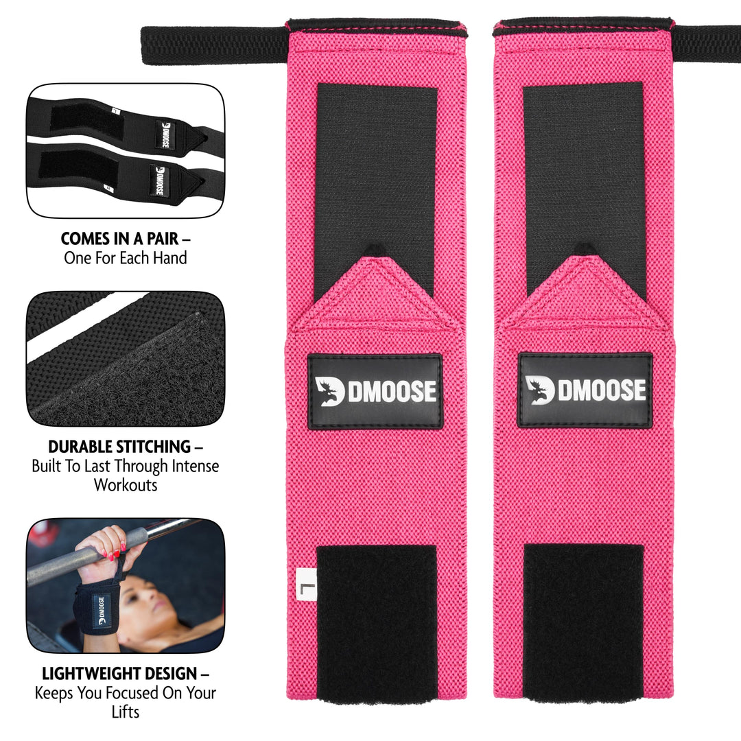 DMoose Wrist Straps for Weightlifting 12 and 18 Inches Thumb Loops with Wrist Support for Workouts Powerlifting Wrist Straps for Weight Lifting Men and Women Pink