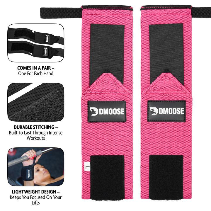 DMoose Wrist Straps for Weightlifting 12 and 18 Inches Thumb Loops with Wrist Support for Workouts Powerlifting Wrist Straps for Weight Lifting Men and Women Pink