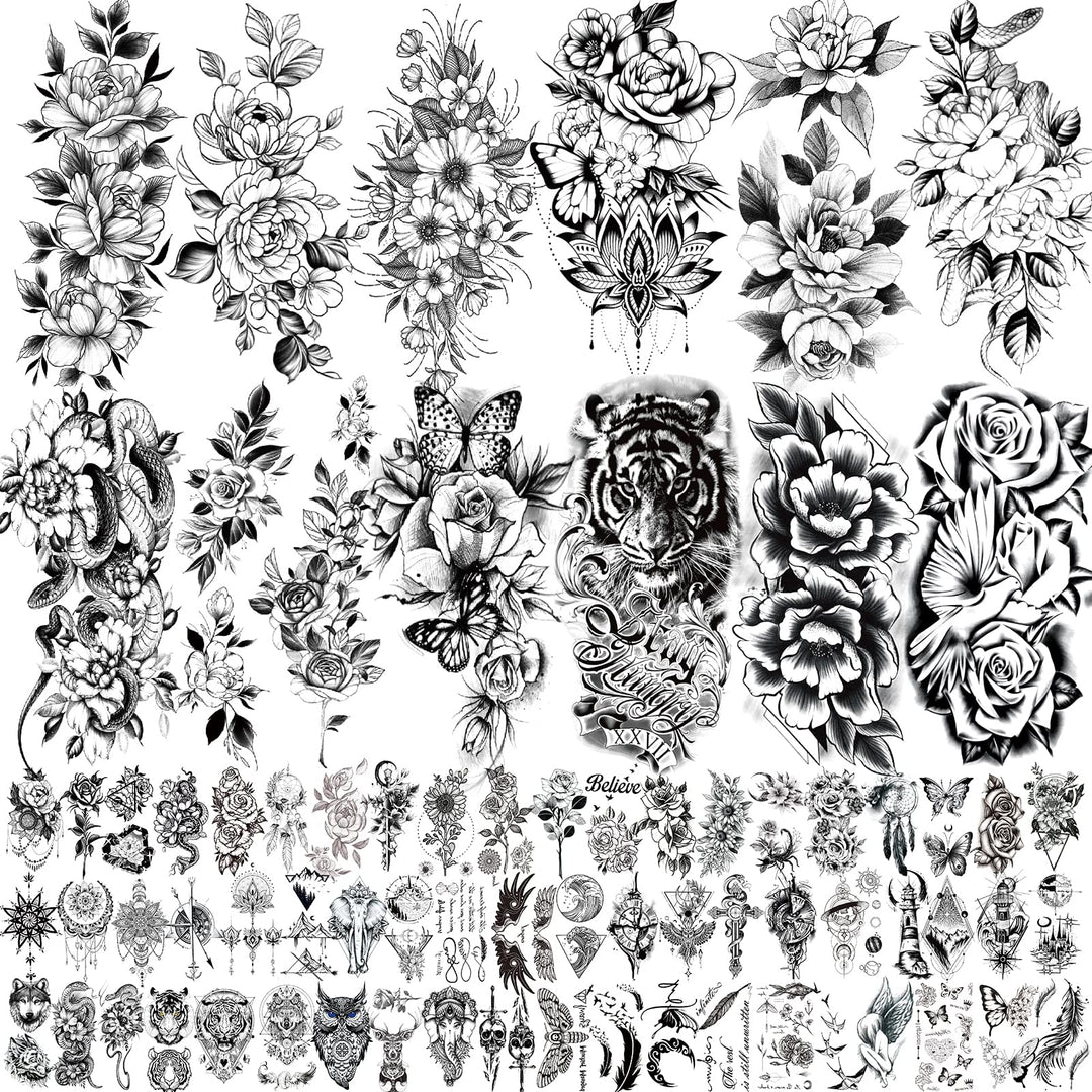 72 Sheets 3D Flowers Temporary Tattoos for Women Adult, Including 12 Sheets Large Fake Tattoos That Look Real and Last Long, Waterproof Rose Moon Butterfly Tiger Snake Tattoos and Flowers Tattoos