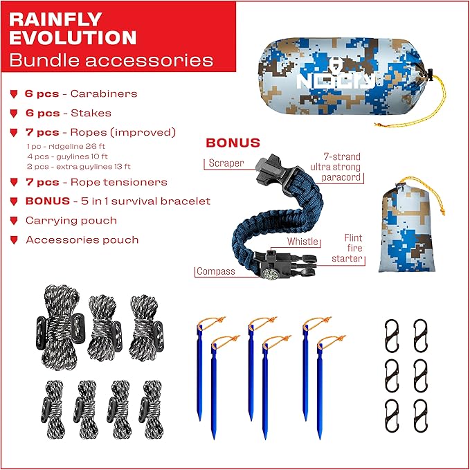 Rain Fly 12x10 Lightweight Survival Camping Tarp; 100% Waterproof; Makes a Great Backpacking Tarp or Hammock Shelter; Comes in Multiple Colors, Survival Bracelet Included; Camo Pixel Blue