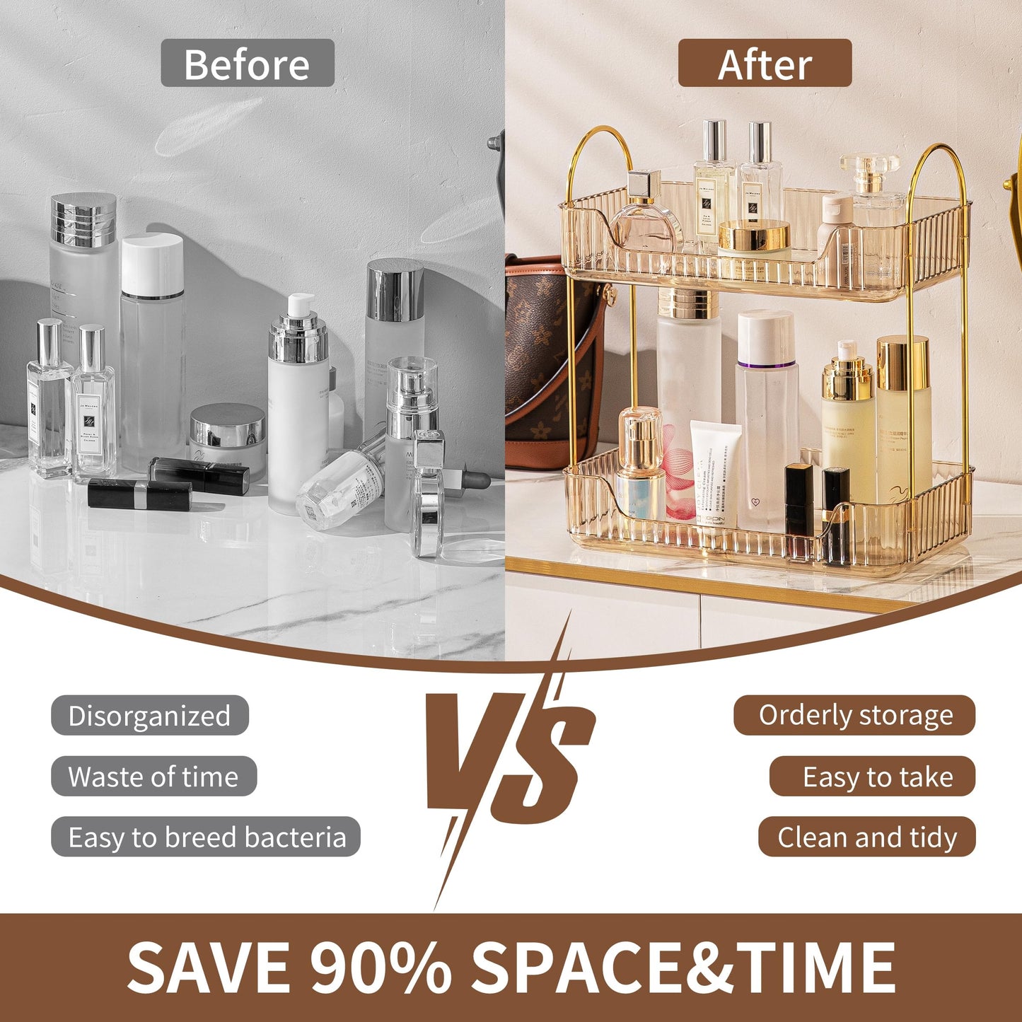 Bathroom Organiser Countertop, Vanity Trays for Bathroom, Skincare Makeup Organiser Shelf, Vanity Organiser, Bathroom Counter Shelf for Cosmetics, Toiletries, Lotions, Perfumes (2 Tiers, Amber)