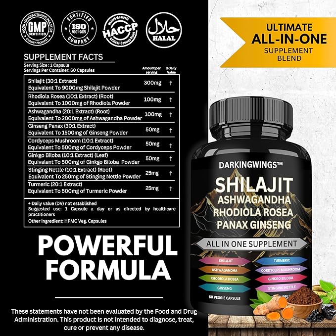 8-in-1 Shilajit 9000 Panax Ginseng 1500MG Ashwagandha 2000MG Rhodiola Rosea 1000MG, Turmeric 500MG, Gingko Biloba 500mg, Stinging Nettle 250MG, Cordyceps Mushroom 500mg for Full Body Power