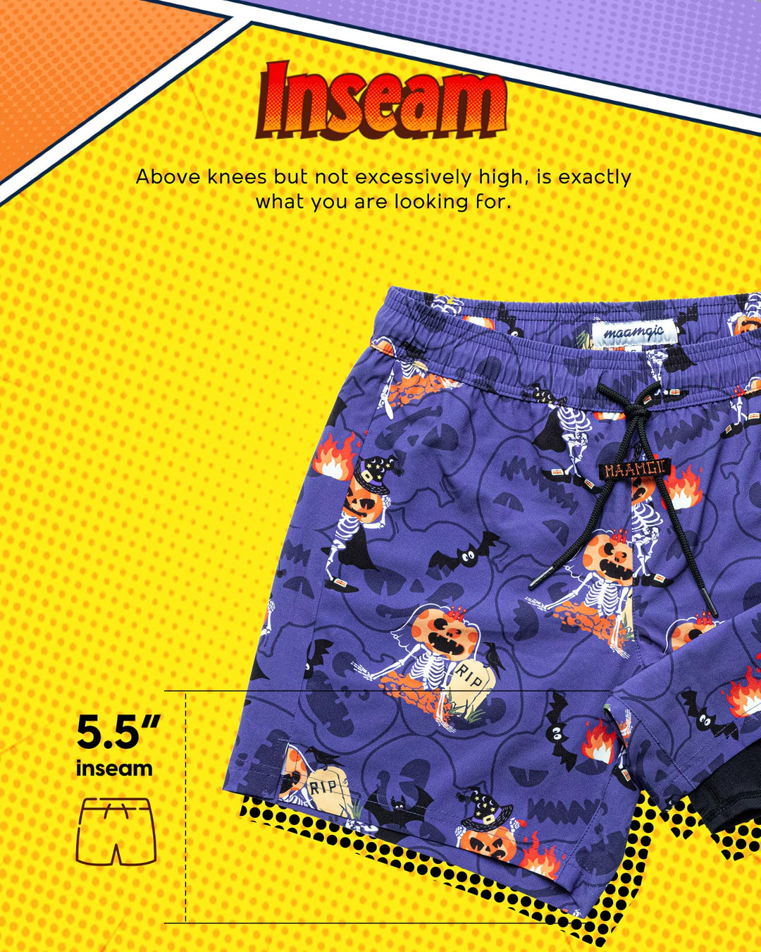 maamgic Mens Swim Trunks with Compression Liner 5" Stretch Athletic Swimming shorts Quick Dry with Zipper Pockets No-Chafing Board Shorts Halloween Party X-Small