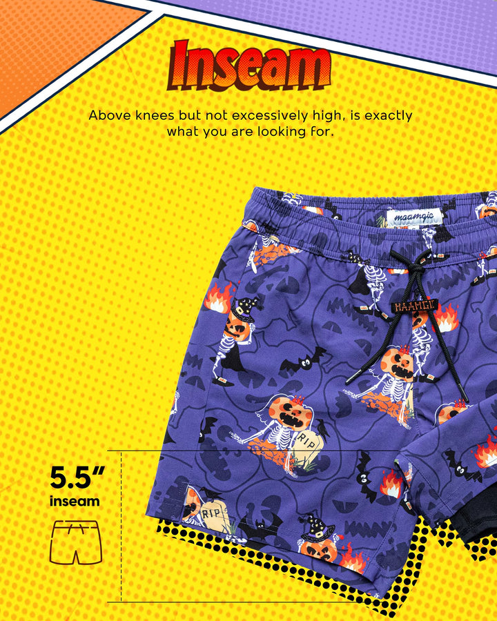 maamgic Mens Swim Trunks with Compression Liner 5" Stretch Athletic Swimming shorts Quick Dry with Zipper Pockets No-Chafing Board Shorts Halloween Party X-Small