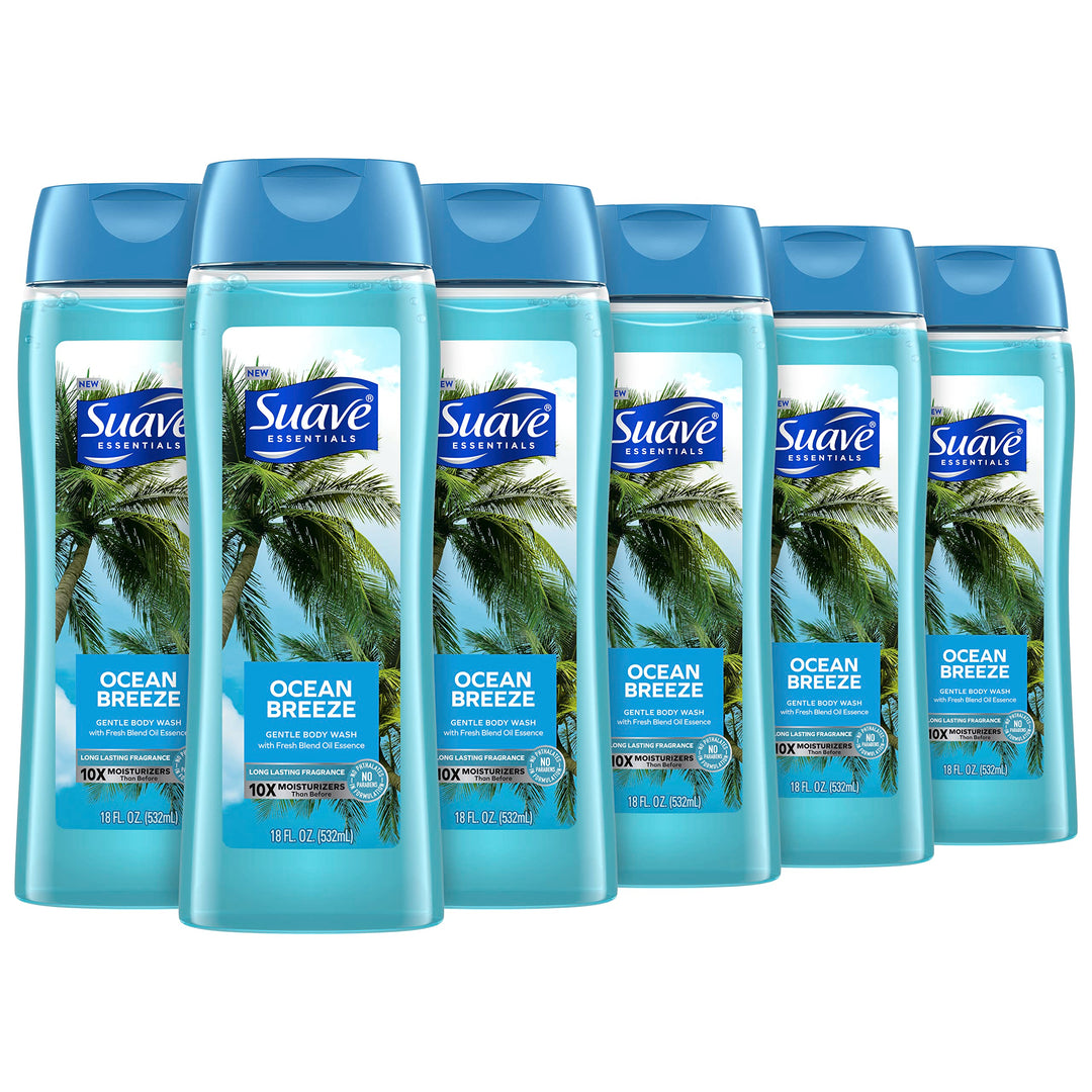 Suave Essentials Gentle Body Wash Ocean Breeze 6 Count With A Fresh Oil Blend Essence Infused With Vitamin E & Algae Extract 18