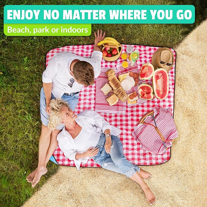 Beach Blanket Sand Proof & Outdoor Picnic Blanket - Water Resistant, Large Mat for Camping or Travel. Washable, Foldable, Easy Carry Compact Tote Bag (Checkered Red/White)