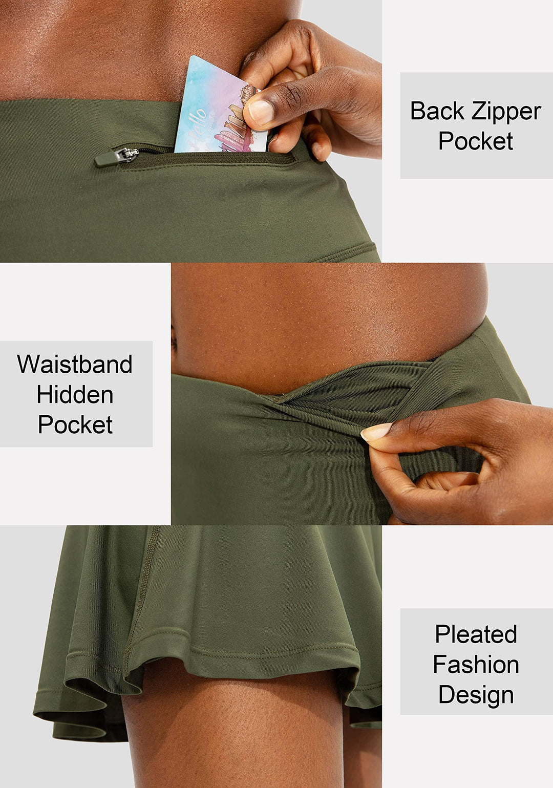 SANTINY Pleated Tennis Skirt for Women with 4 Pockets Women's High Waisted Athletic Golf Skorts Skirts for Running Casual (Army Green_XXS)