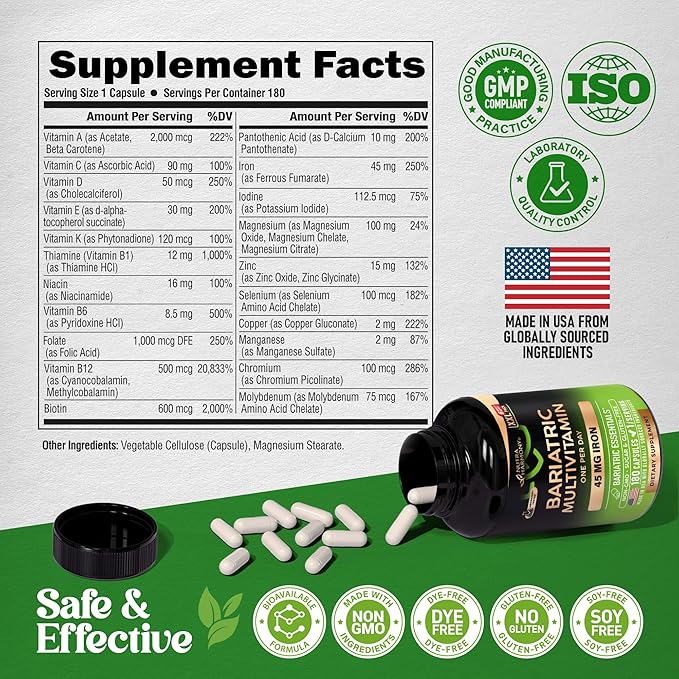 Bariatric Multivitamin - 45 mg Iron Supplements - Made in USA - for Women & Men - All-in-One, 21 Essential Vitamins - Gastric Sleeve Support - Free of Sugar, Gluten & Soy - 180 Capsules, Once Daily