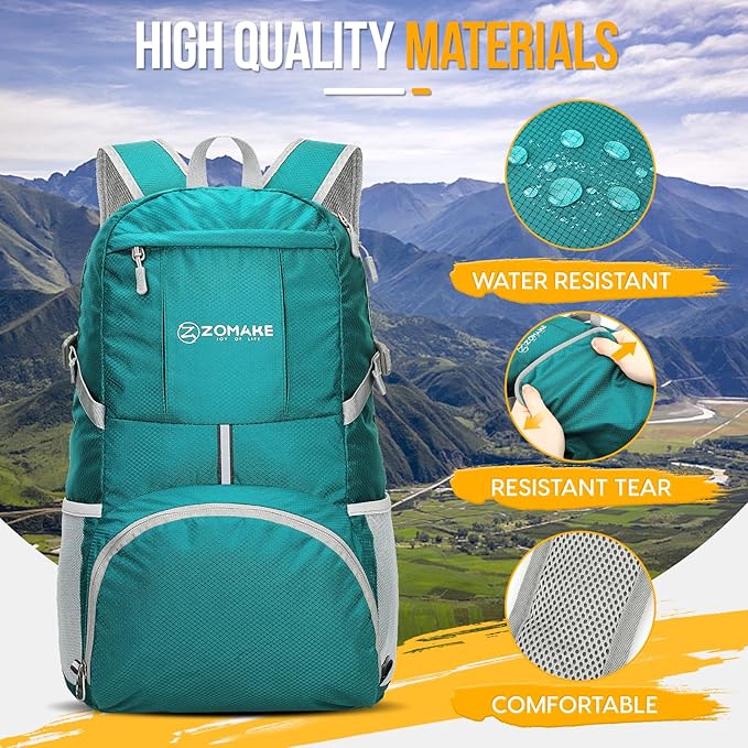 ZOMAKE Lightweight Packable Backpack 35L, Light Foldable Backpacks Water Resistant Collapsible Hiking Bag, Compact Folding Day Pack for Travel Camping(Lake Green)