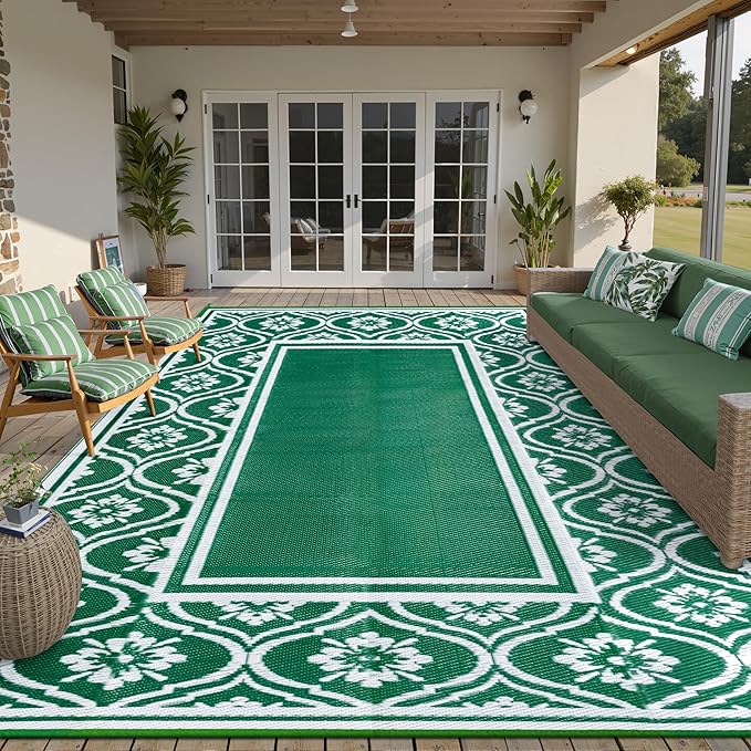 Outdoor Rug 8x10 Patio Waterproof Mat Camping Carpet Outside Area Rug Reversible Green Rugs for RV Deck Entryance Porch Picnic Balcony Beach