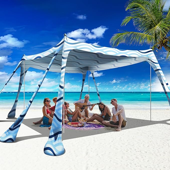 Beach Canopy Beach Tent Pop Up Shade 10x10ft Sun Shelter UPF50+ with 8 Sandbags-2 Sand Shovel-4 Aluminum Poles-Ground Pegs-Portable Carrying Bag for Outdoor Family Camping Fishing Yard Picnic
