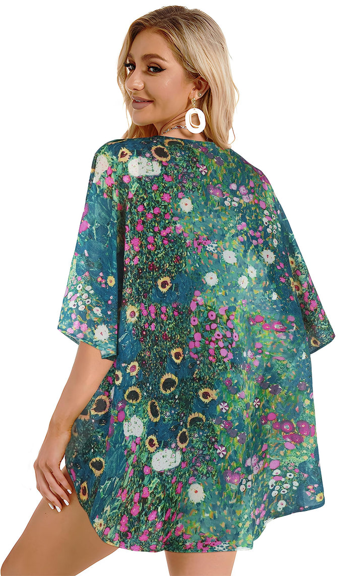Summer Kimono Cardigan for Women Sheer Hawaii Tops Casual Open Front Swimwear Shirts Beach Cover ups (Green Daisy,S)