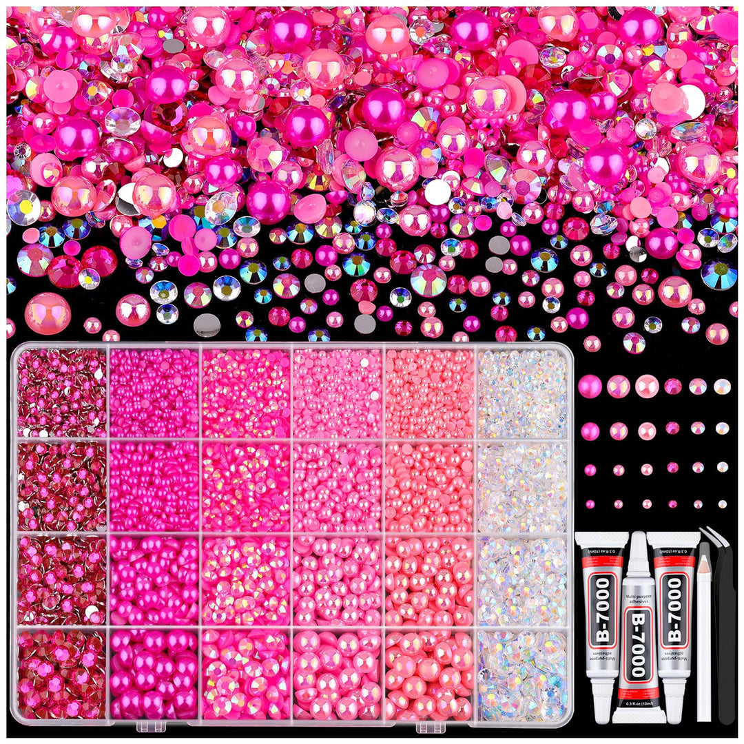 9000PCS Flatback Pearls and Rhinestones for Crafting, Dark Pink 3-10mm Resin Rhinestones and Half Pearls for Bedazzling, Nail Art and Dec with 3pcs B7000 Jewelry Glue, Tweezer and Pickup Pencil
