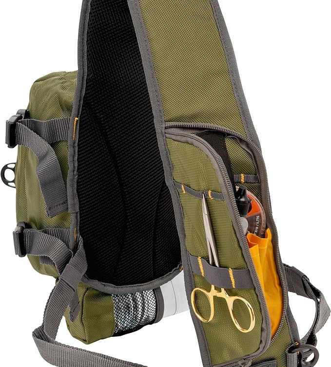 Allen Company Cedar Creek Fly Fishing Sling Pack - Fits up to 4 Tackle/Fly Boxes and Other Accessories - Gray and Lime/Olive
