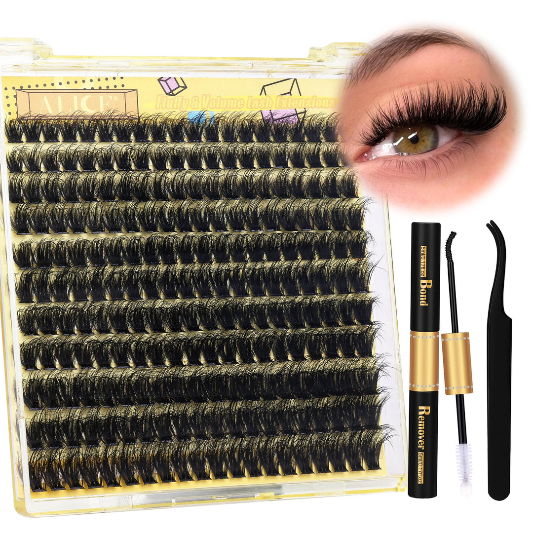 ALICE Fluffy Volume Lash Clusters Kit Lash Extension Kit Thick 3D Wispy DIY Eyelash Extension Kit with 220Pcs Mink Look Individual Lashes, Lash Bond and Remover,Tweezers(10-16mm,0.05D, D Curl)