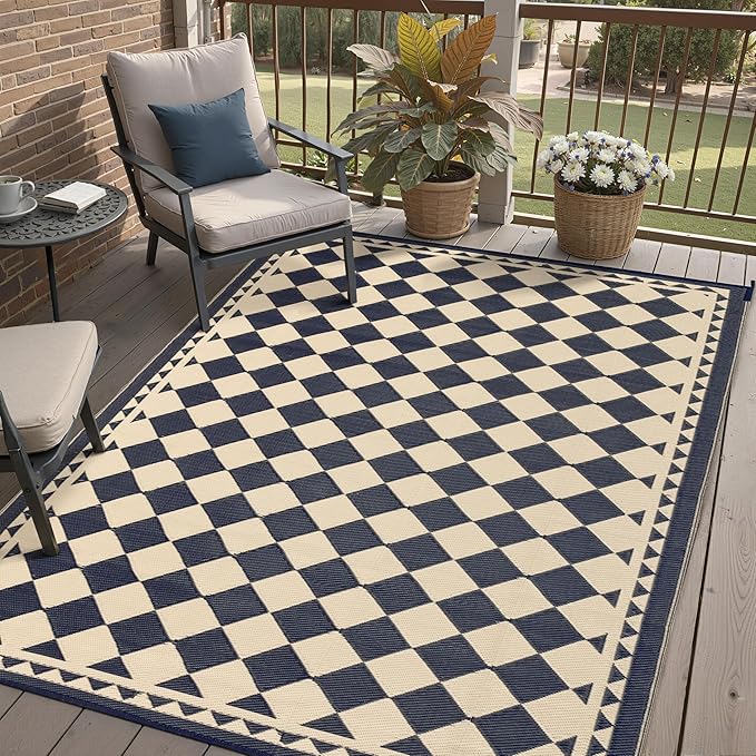 Outdoor Rug for Patios Clearance,Waterproof Mat,Large Outside Carpet,Reversible Plastic Straw Camping Rugs,Rv,Porch,Deck,Camper,Balcony,Backyard (6x9,Checkered/Black&Beige)