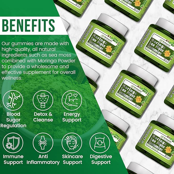 Moringa Sea Moss Gummies - Amazing Superfood Green Supplement with Fiber, Immune Support, and Moringa Leaf Powder Extract - Supplement 60 Count.